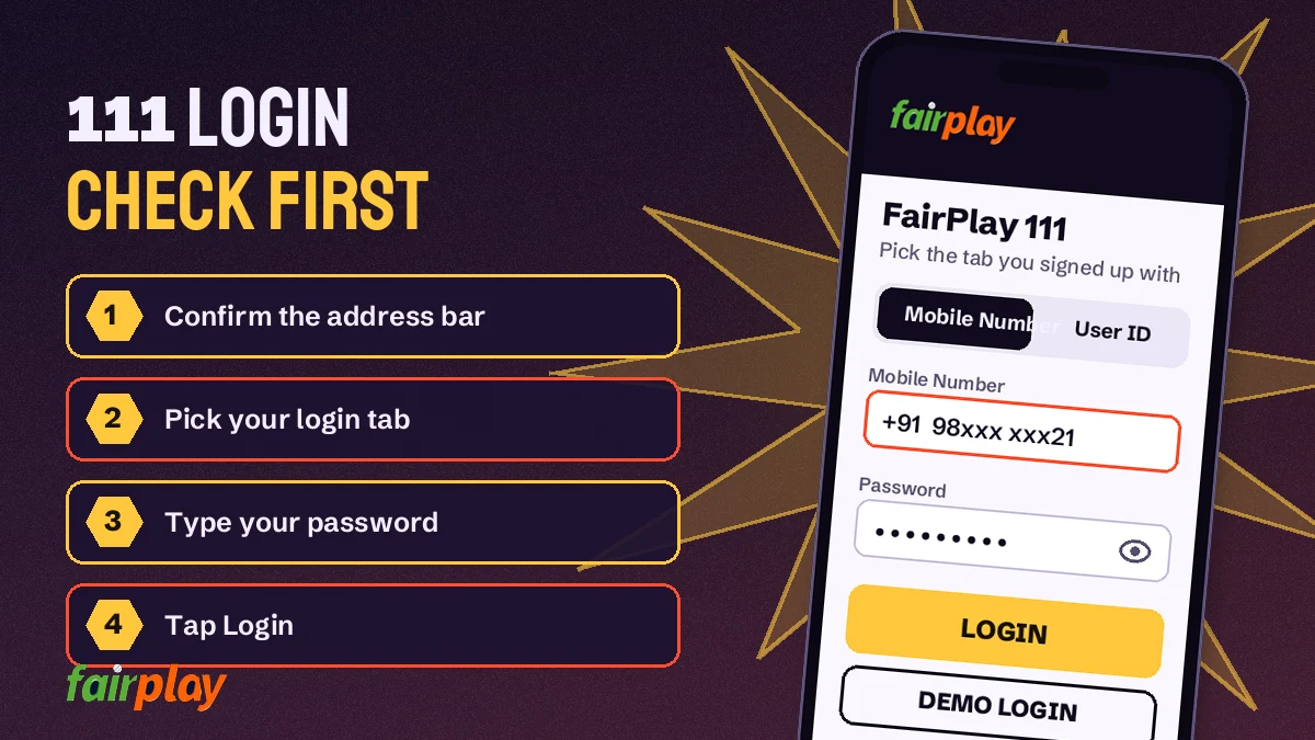 FairPlay 111 login screen with Mobile Number and User ID tabs and password field