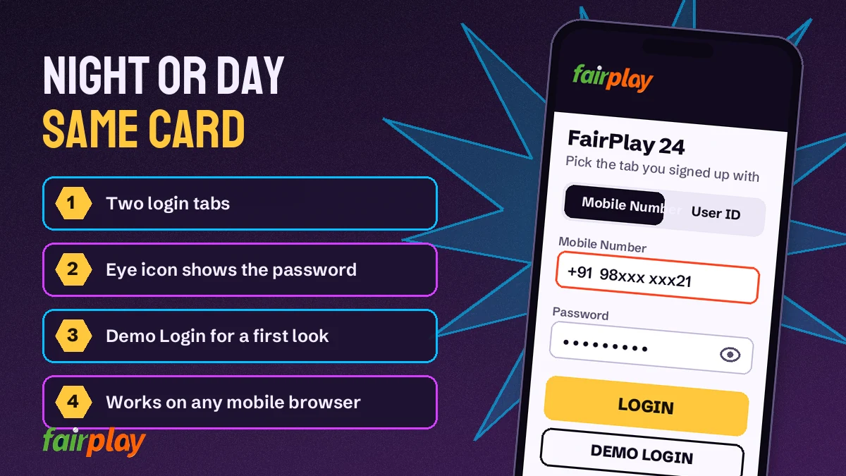 FairPlay 24 phone view of the sign-in card: two login tabs, eye-icon password and Demo Login