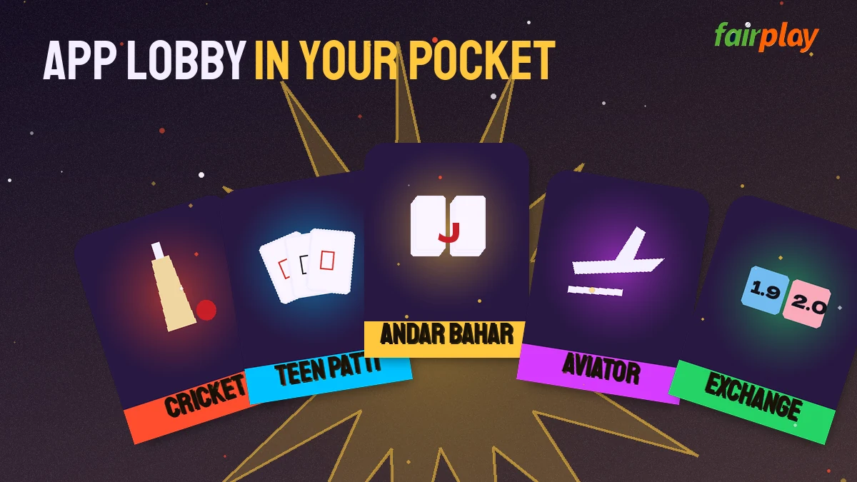 FairPlay app games lobby with cricket exchange, Teen Patti, Andar Bahar and Aviator on an Android phone