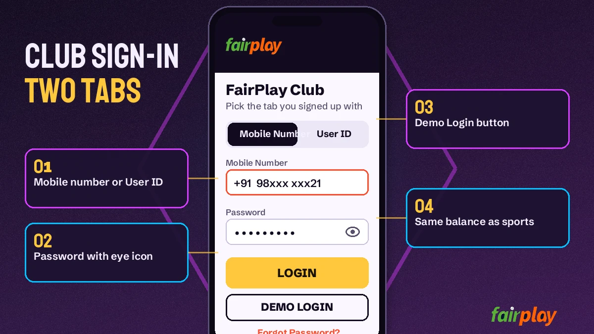 FairPlay Club 1 login screen with Mobile Number and User ID tabs, password field and Demo Login