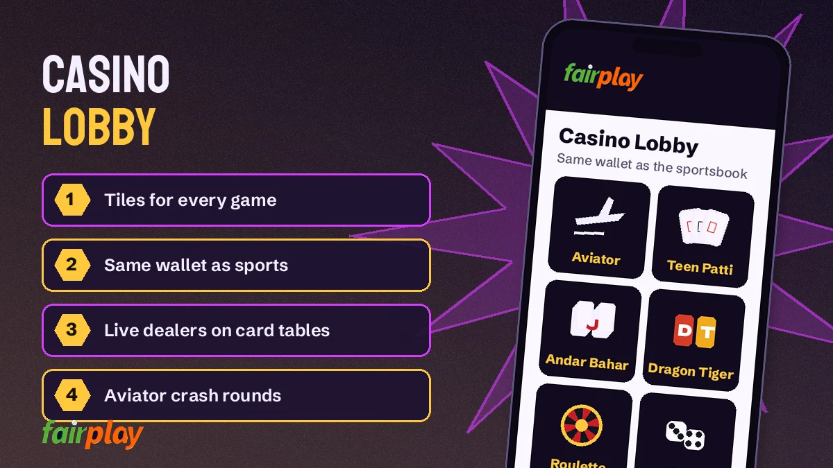 FairPlay games screen on mobile showing the casino lobby tiles and wallet balance