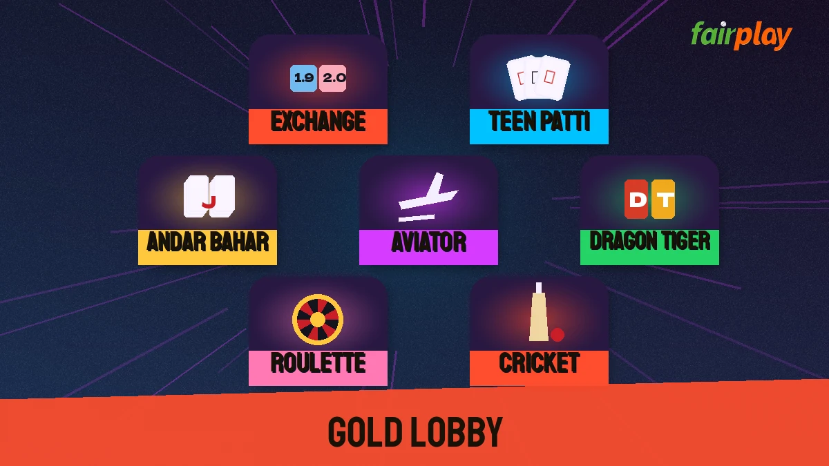 FairPlay Gold lobby with cricket exchange, Teen Patti, Andar Bahar and Aviator games
