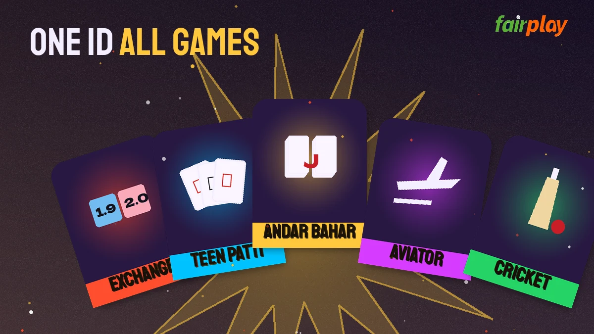 FairPlay ID games lobby with cricket exchange, Teen Patti, Andar Bahar and Aviator tiles