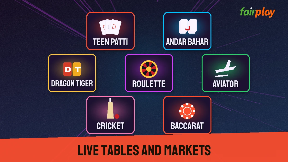 FairPlay Live casino games including Teen Patti, Andar Bahar, Dragon Tiger, roulette and Aviator on the FairPlay ID
