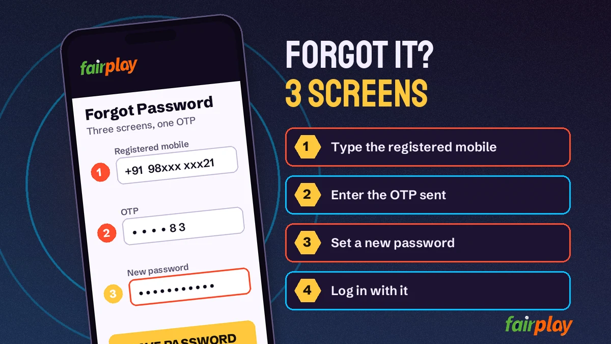 FairPlay password reset screen with OTP and new password fields on a mobile