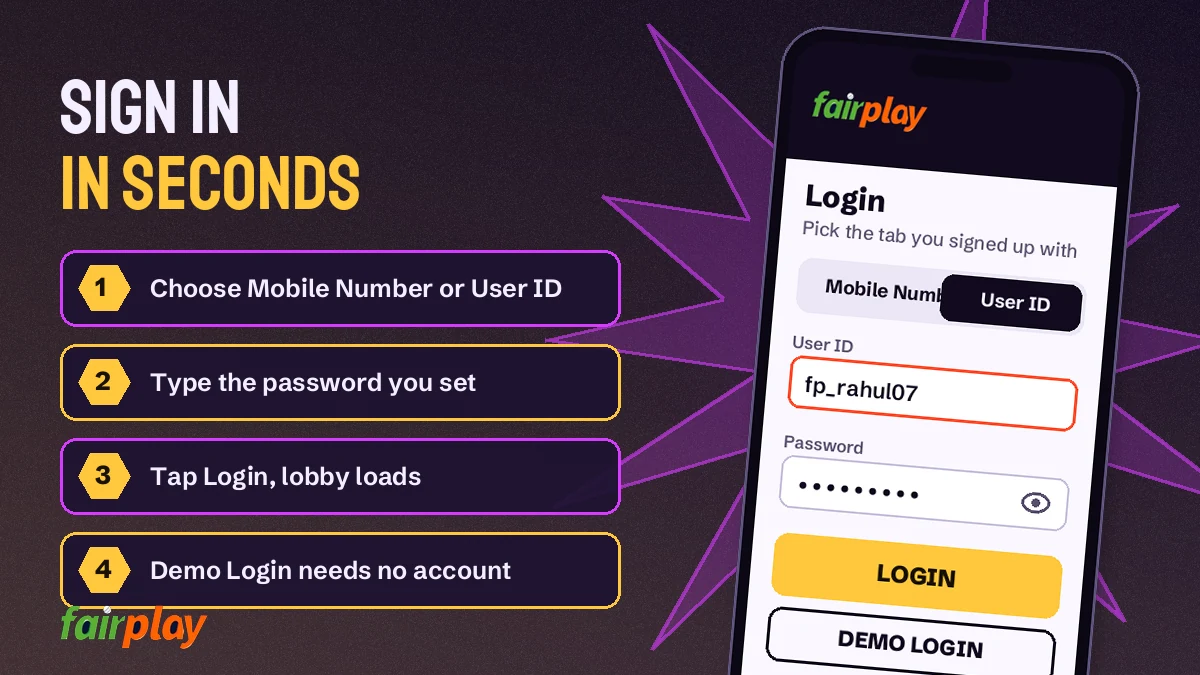 FairPlay login screen showing Mobile Number and User ID tabs, password field and Demo Login