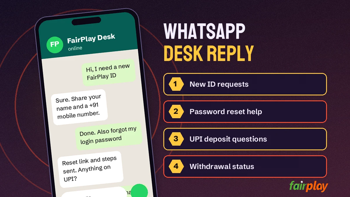 FairPlay WhatsApp number chat screen showing a new ID and password reply from the desk
