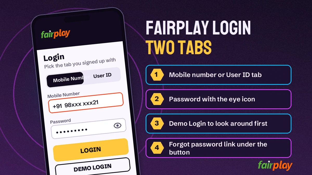 FairPlay login screen on a phone showing mobile number and User ID tabs