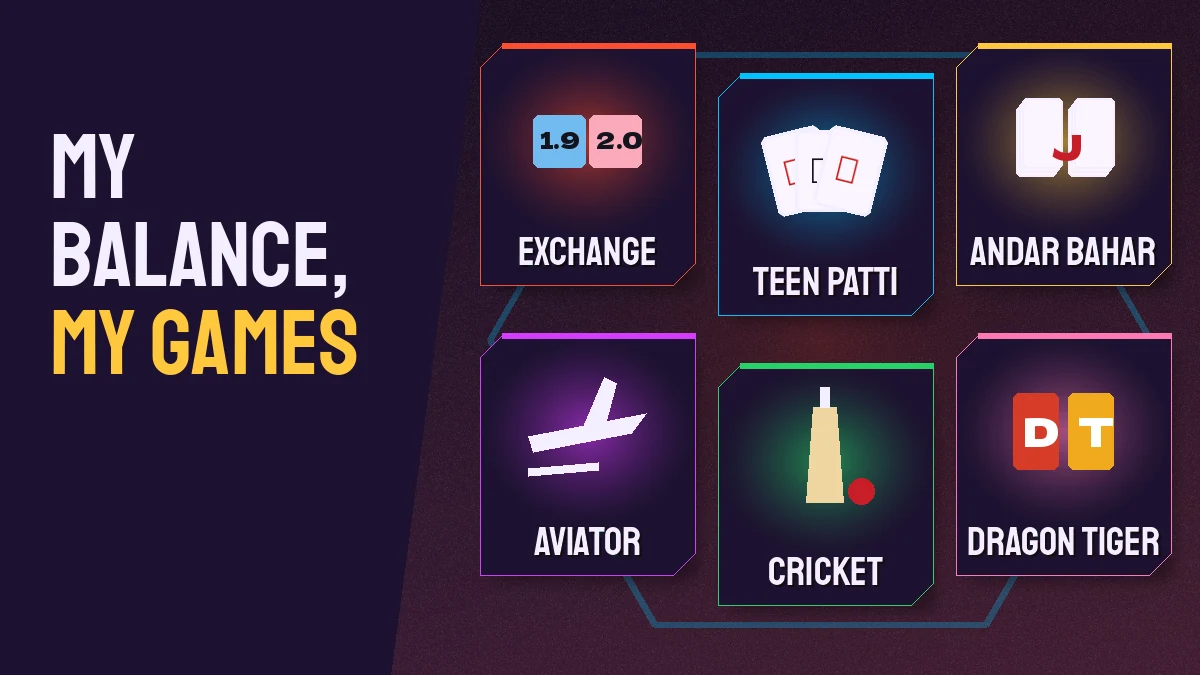 My FairPlay games lobby with cricket exchange markets, Teen Patti, Andar Bahar and Aviator on one FairPlay balance
